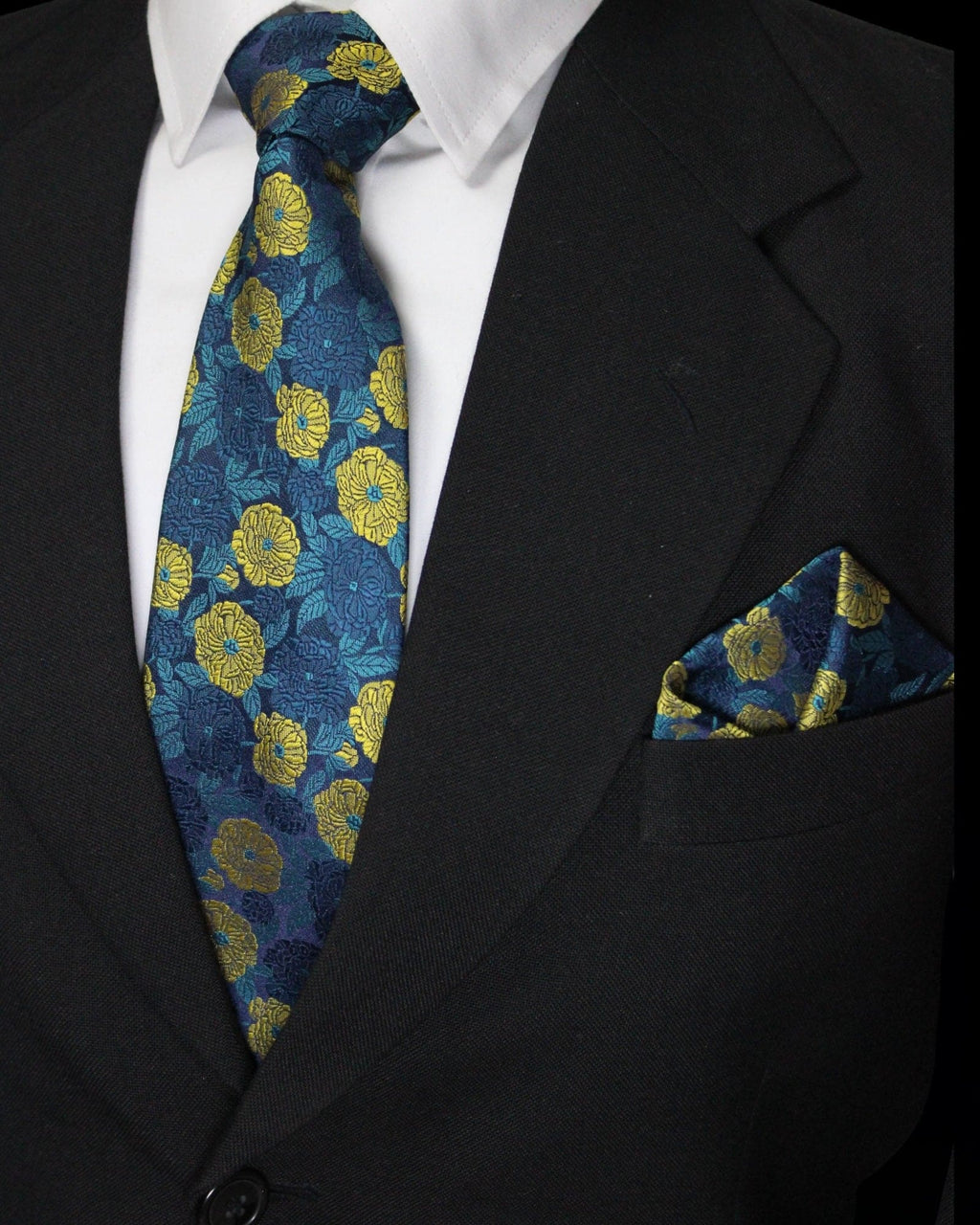 Luxury Blue & Yellow Floral MicroSilk Necktie with Matching Pocket Square