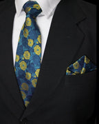 Luxury Blue & Yellow Floral MicroSilk Necktie with Matching Pocket Square
