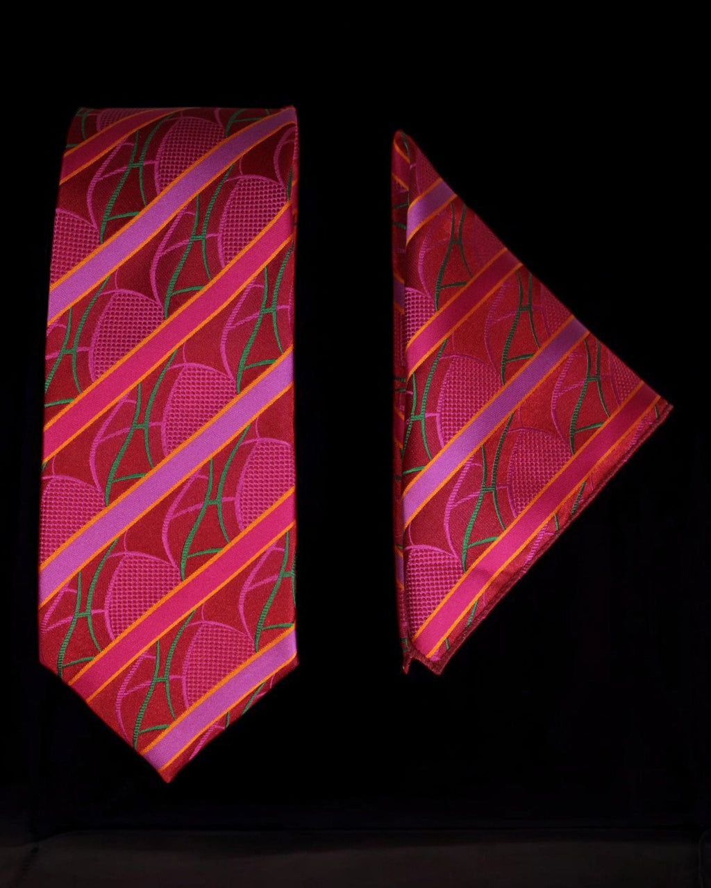 Bold Red & Pink Striped MicroSilk Necktie Set with Pocket Square
