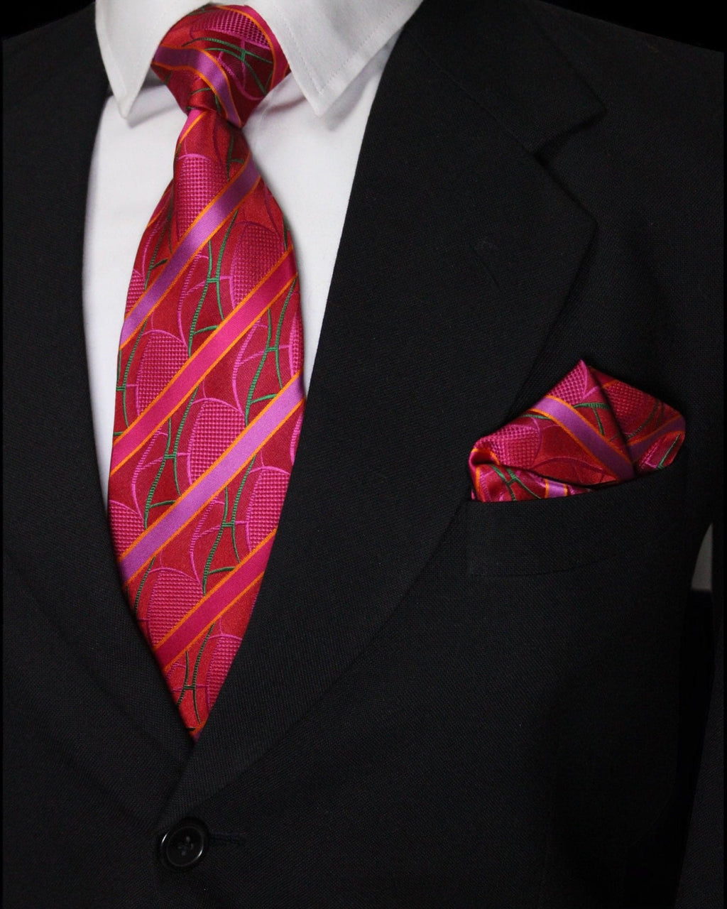 Bold Red & Pink Striped MicroSilk Necktie Set with Pocket Square