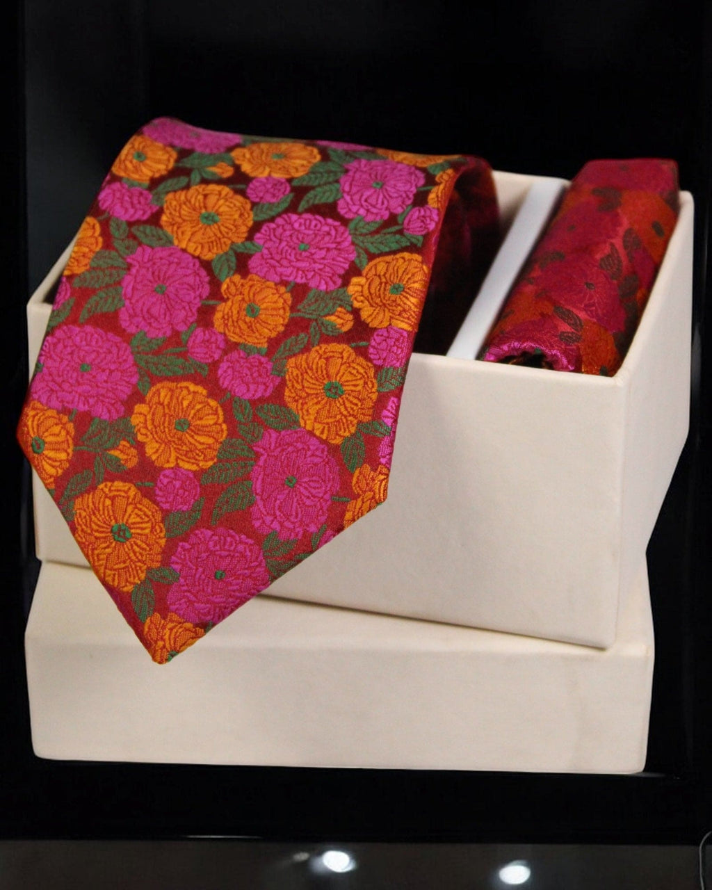 Orange & Pink Floral MicroSilk Necktie Set with Pocket Square