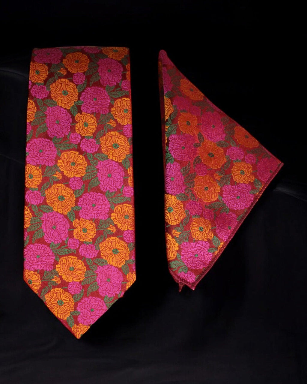 Orange & Pink Floral MicroSilk Necktie Set with Pocket Square