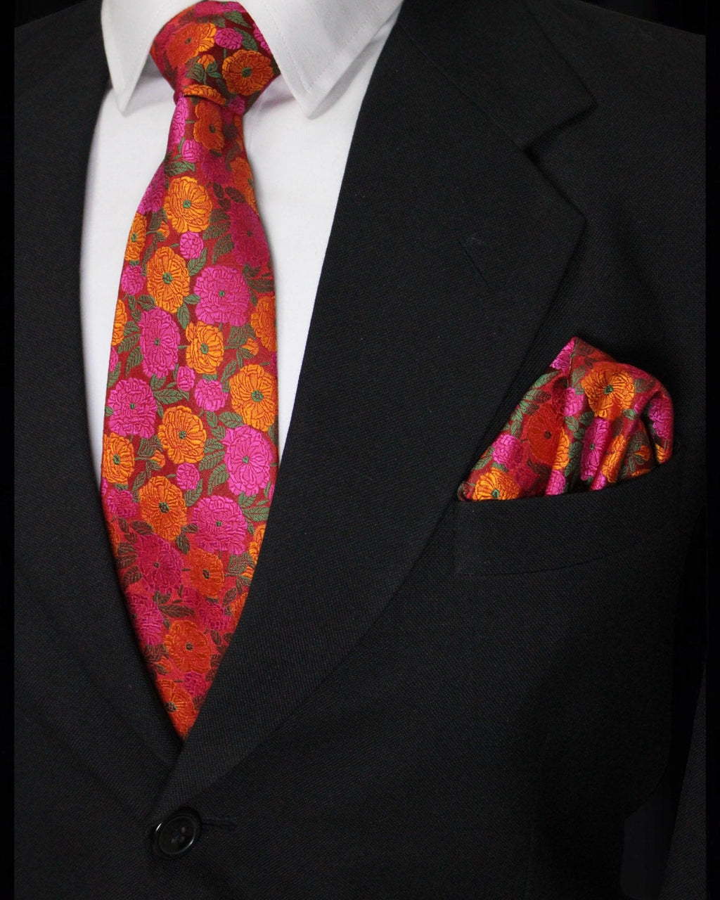 Orange & Pink Floral MicroSilk Necktie Set with Pocket Square