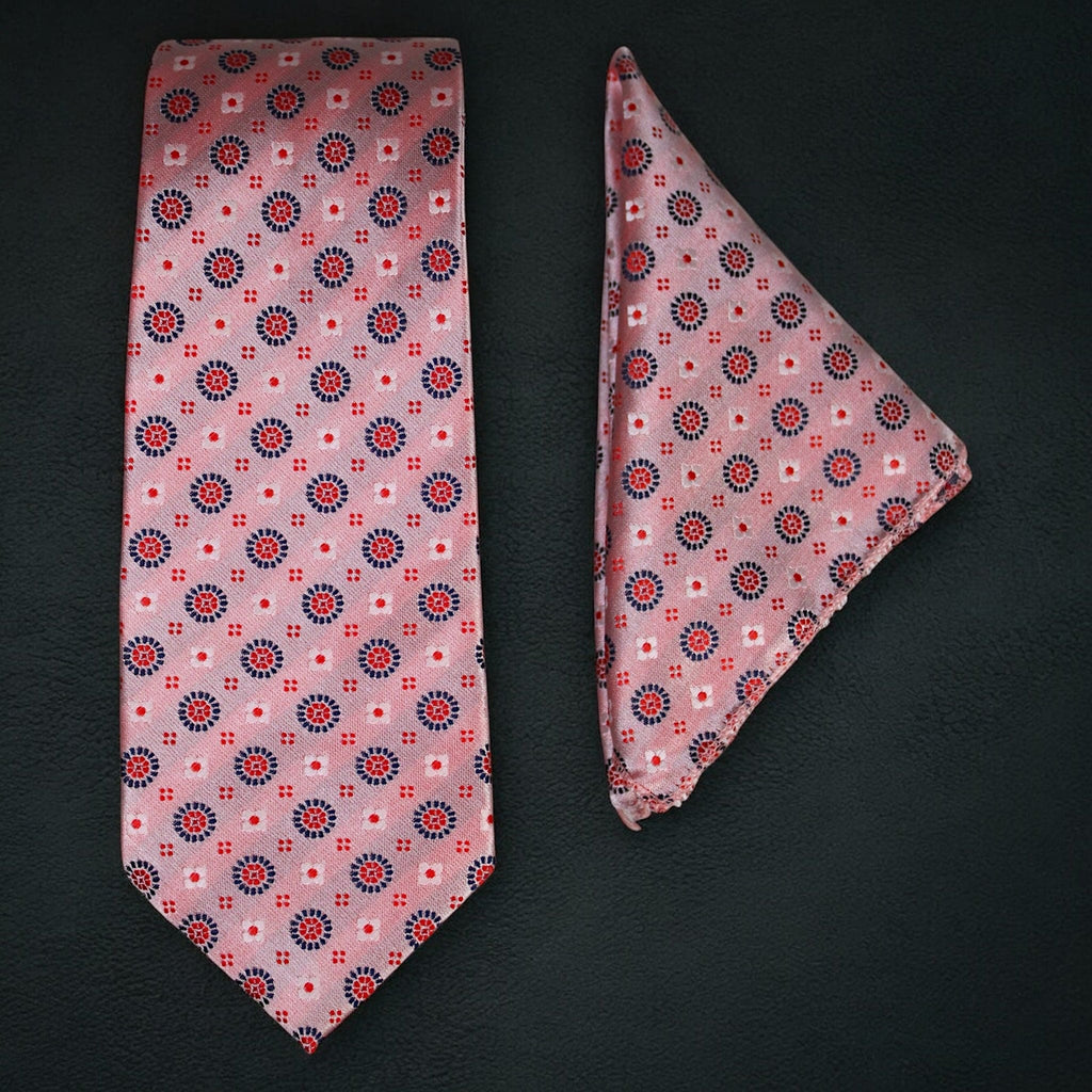 Blush Pink & Navy Geometric MicroSilk Necktie Set with Pocket Square