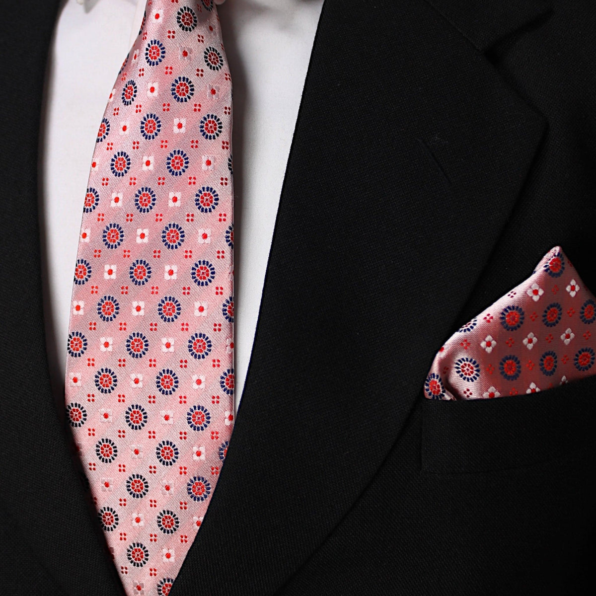 Blush Pink & Navy Geometric MicroSilk Necktie Set with Pocket Square