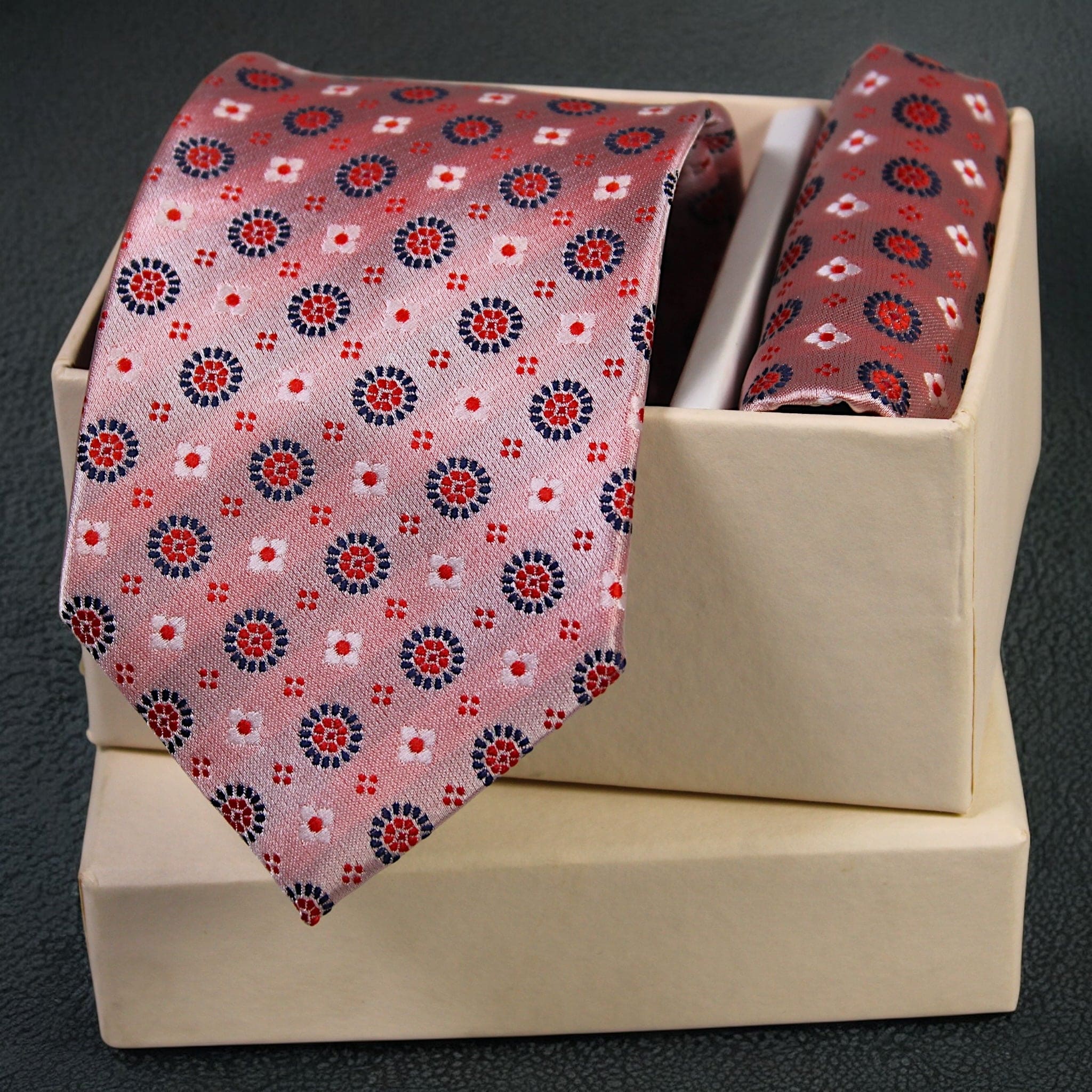 Blush Pink & Navy Geometric MicroSilk Necktie Set with Pocket Square