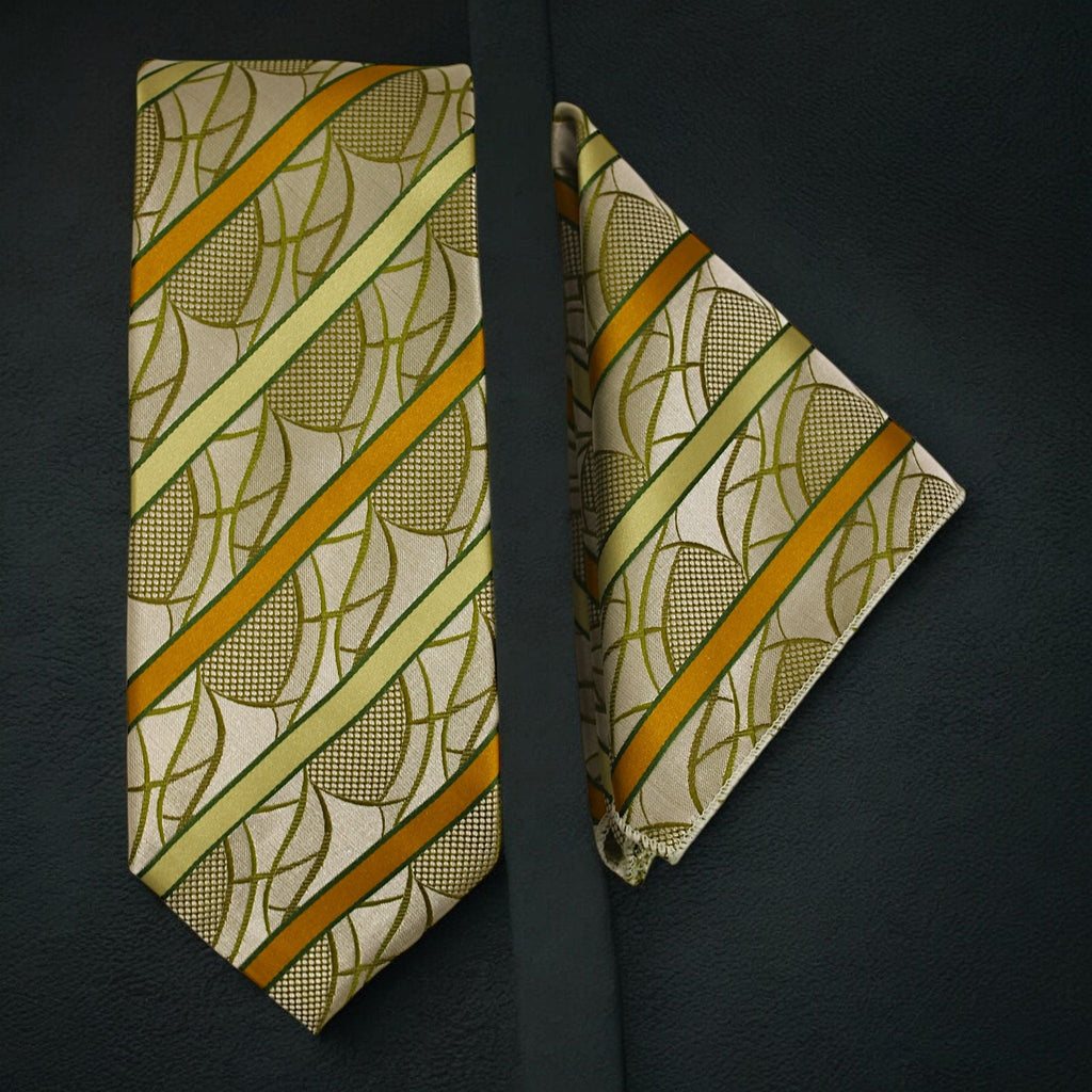 Sage Green & Mustard Striped MicroSilk Necktie Set with Pocket Square