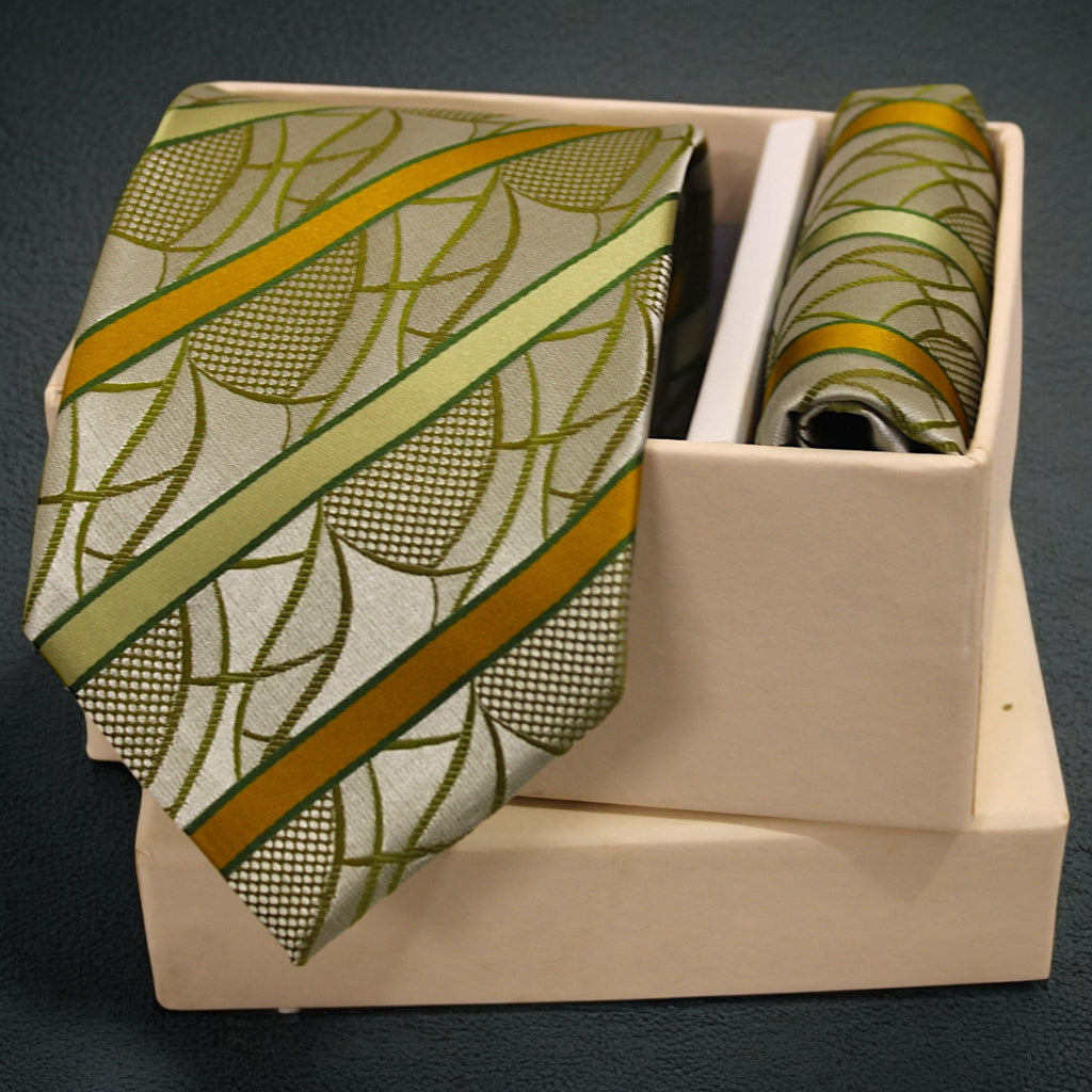 Sage Green & Mustard Striped MicroSilk Necktie Set with Pocket Square