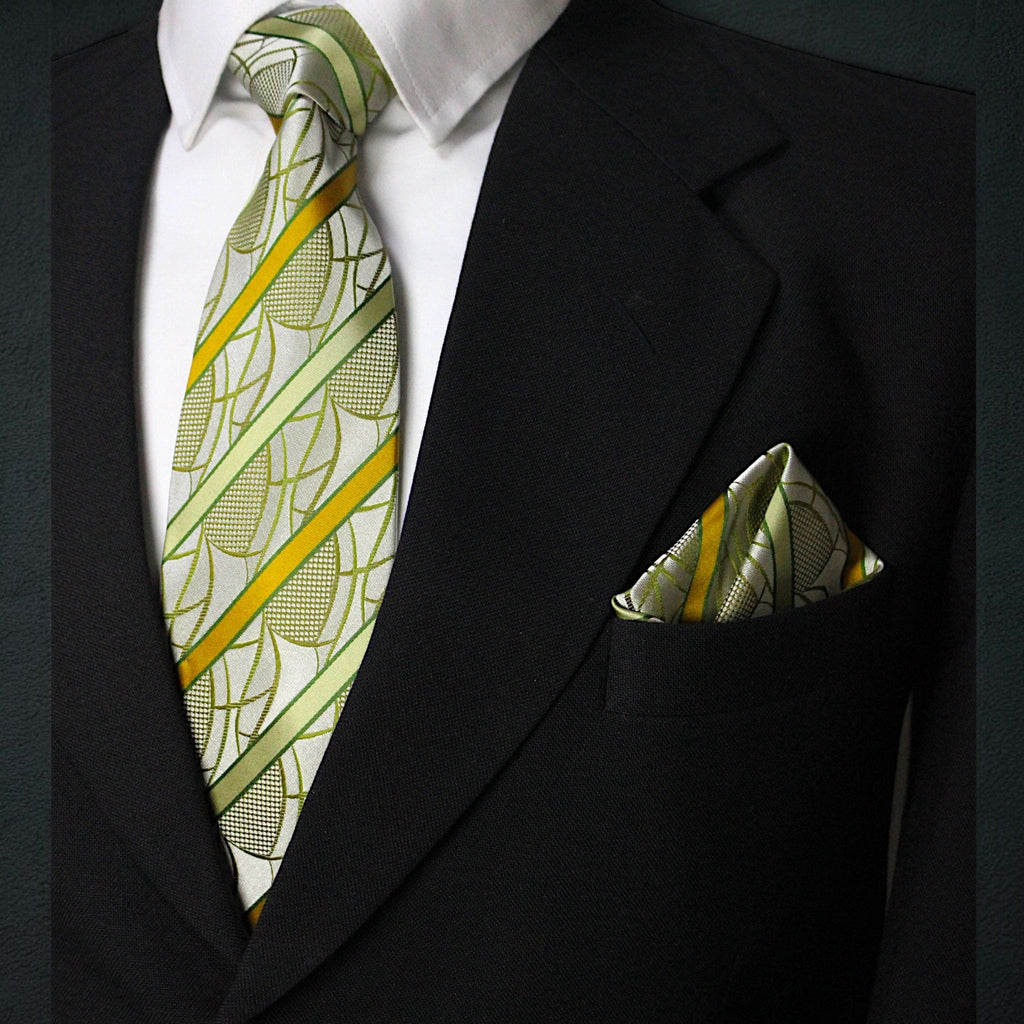 Sage Green & Mustard Striped MicroSilk Necktie Set with Pocket Square