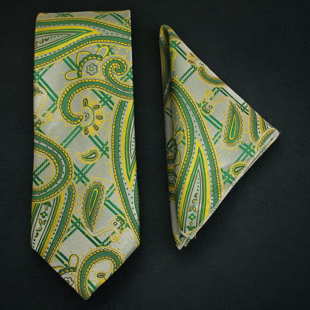 Elegant Sage Green & Lime Paisley Microsilk Tie and Pocket Square Set