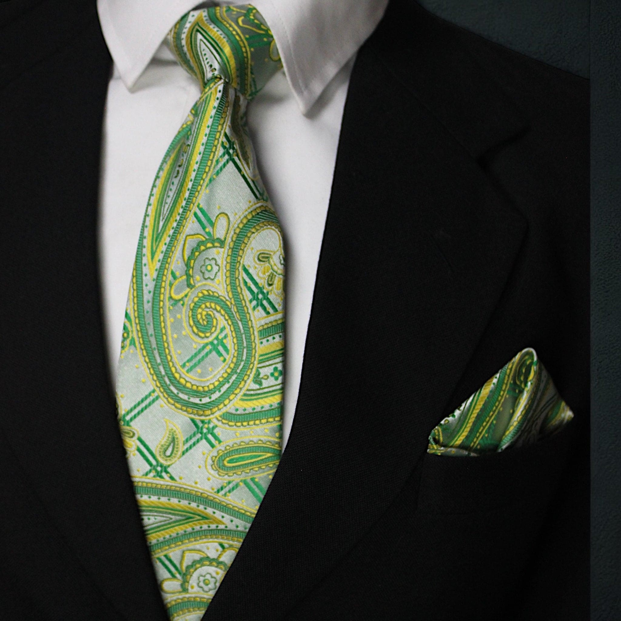 Elegant Sage Green & Lime Paisley Microsilk Tie and Pocket Square Set