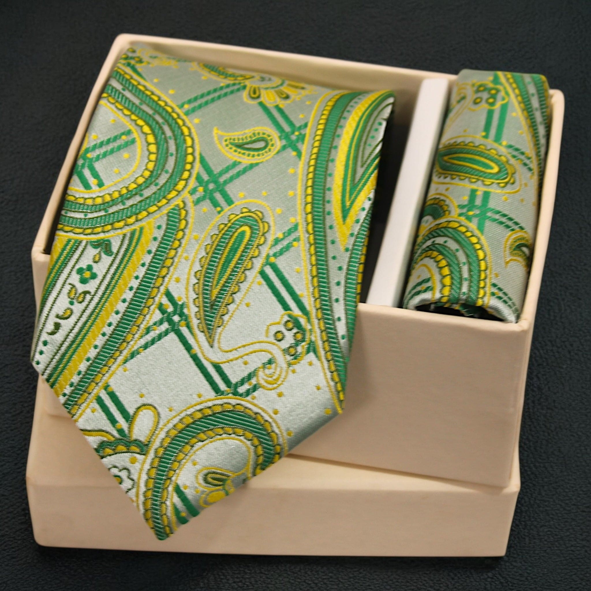 Elegant Sage Green & Lime Paisley Microsilk Tie and Pocket Square Set