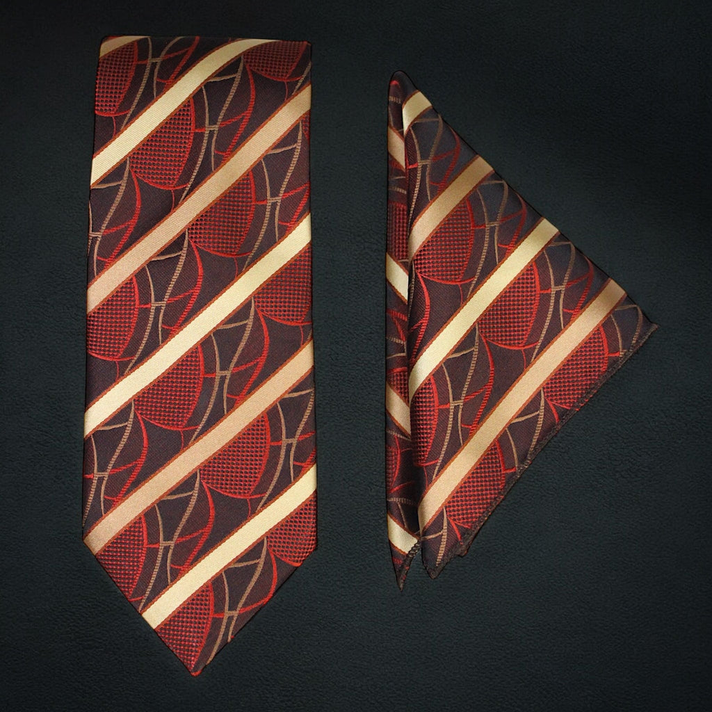 Modern Striped Microsilk Tie and Pocket Square Set in Brown, Rust & Off-White