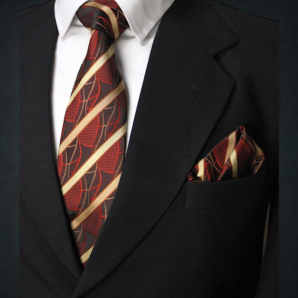 Modern Striped Microsilk Tie and Pocket Square Set in Brown, Rust & Off-White