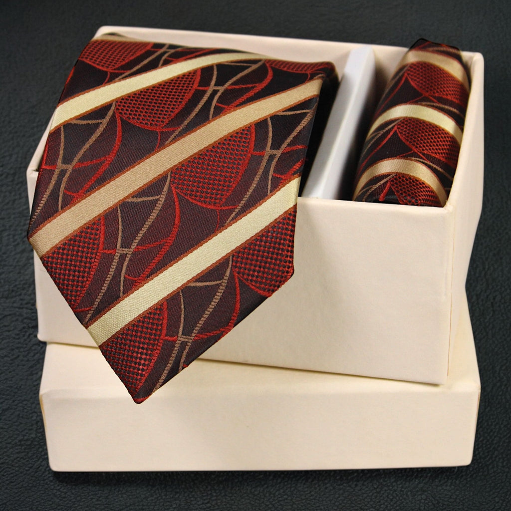 Modern Striped Microsilk Tie and Pocket Square Set in Brown, Rust & Off-White