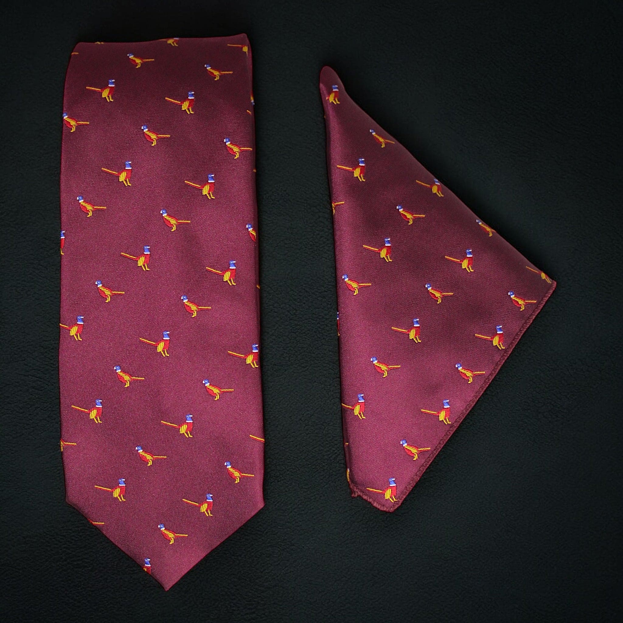 Burgundy Bird Motif MicroSilk Necktie Set with Pocket Square