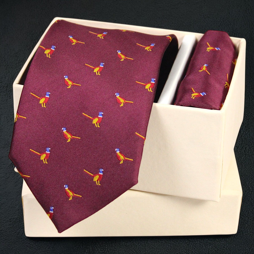 Burgundy Bird Motif MicroSilk Necktie Set with Pocket Square