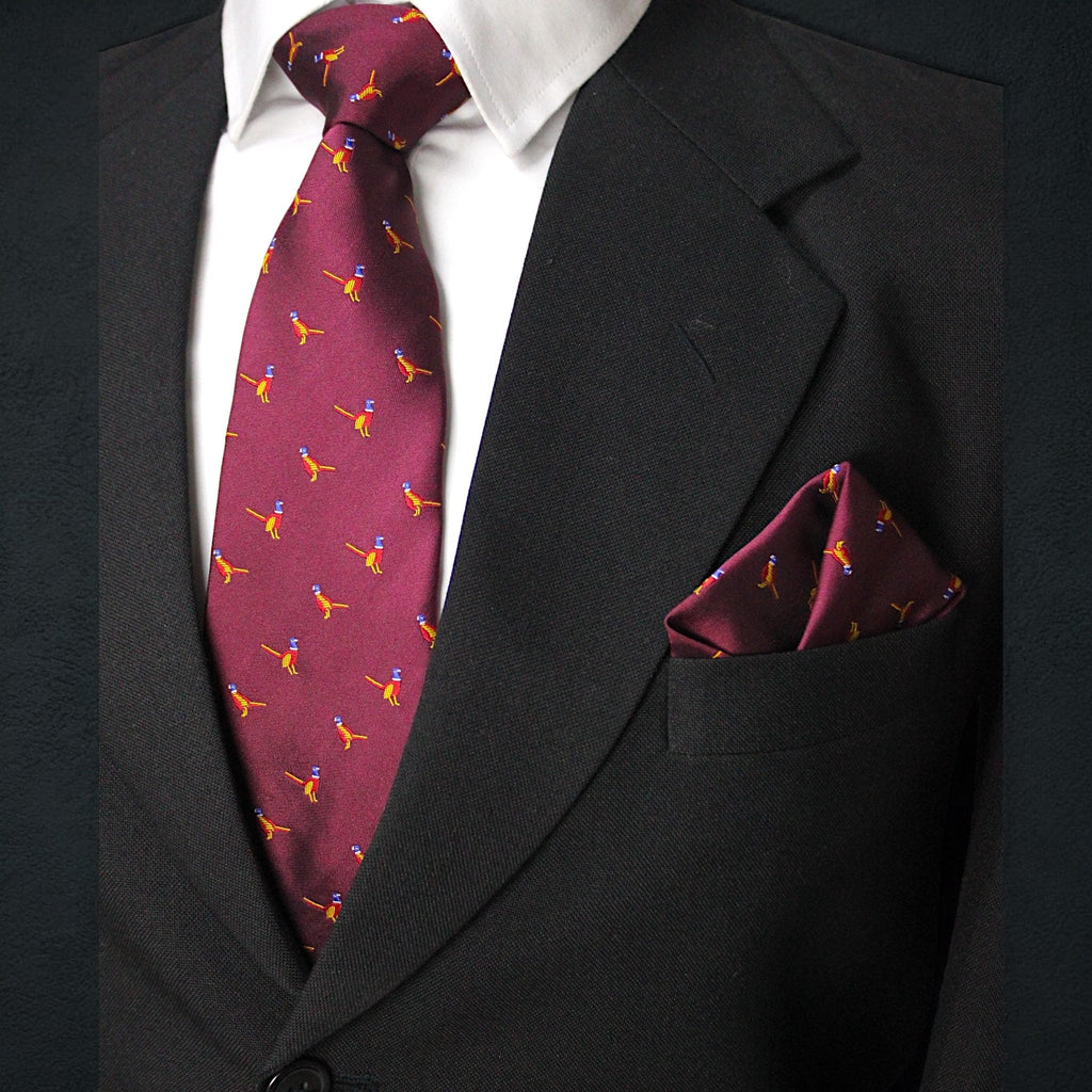 Burgundy Bird Motif MicroSilk Necktie Set with Pocket Square