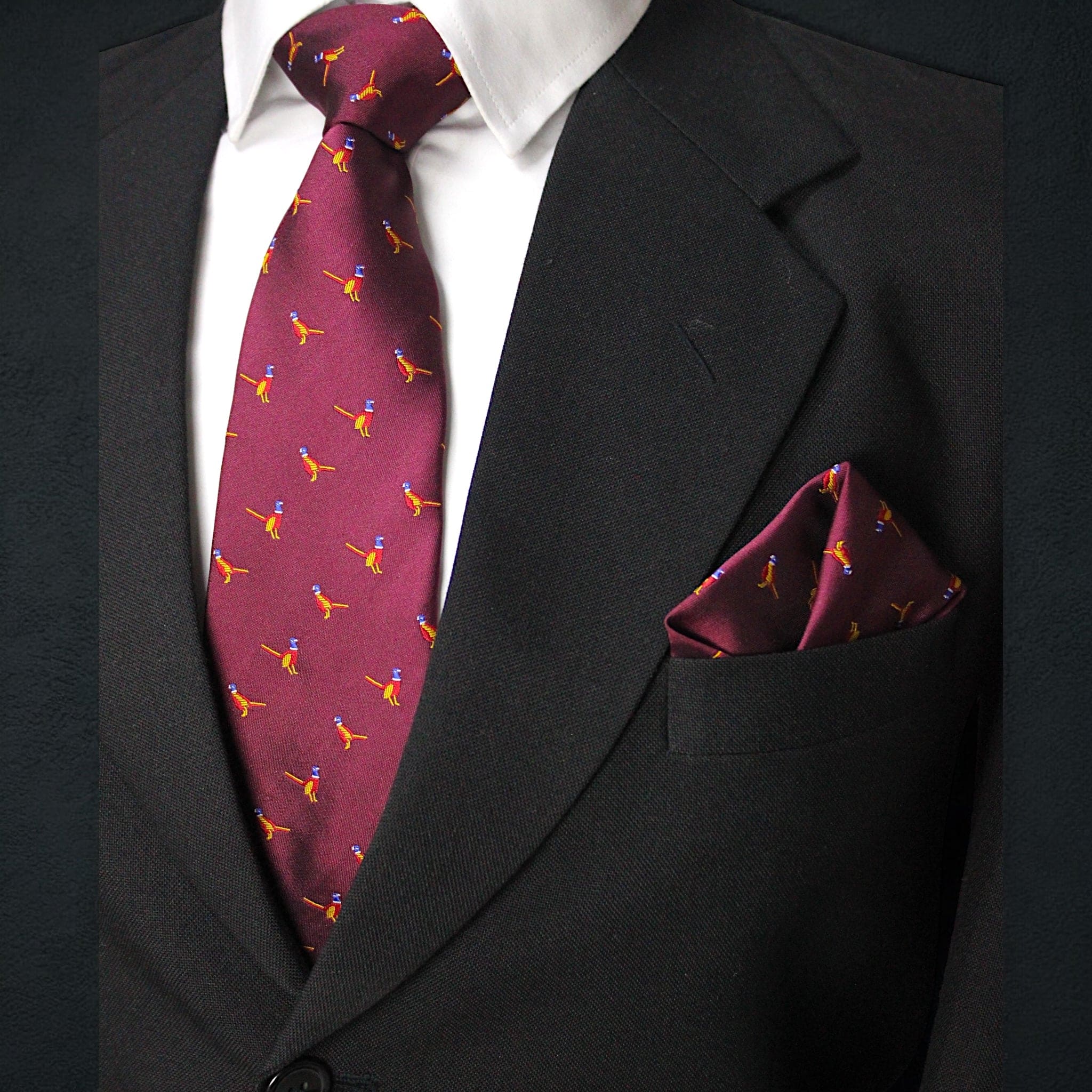 Burgundy Bird Motif MicroSilk Necktie Set with Pocket Square