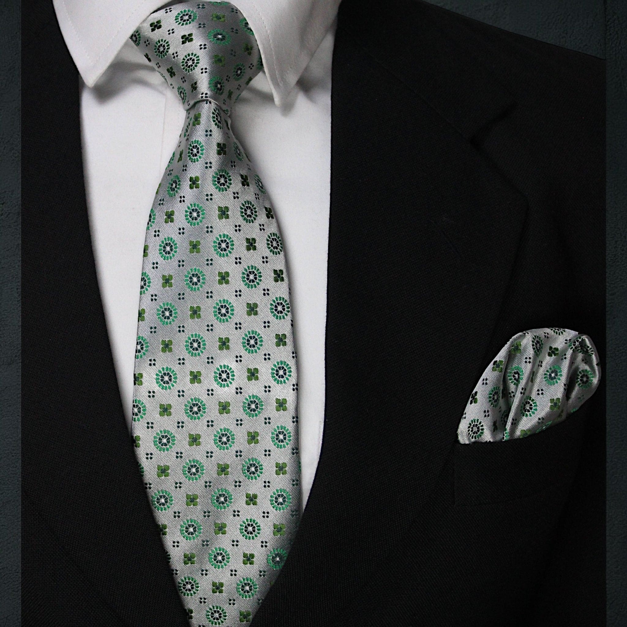 Silver & Green Geometric MicroSilk Necktie Set with Pocket Square