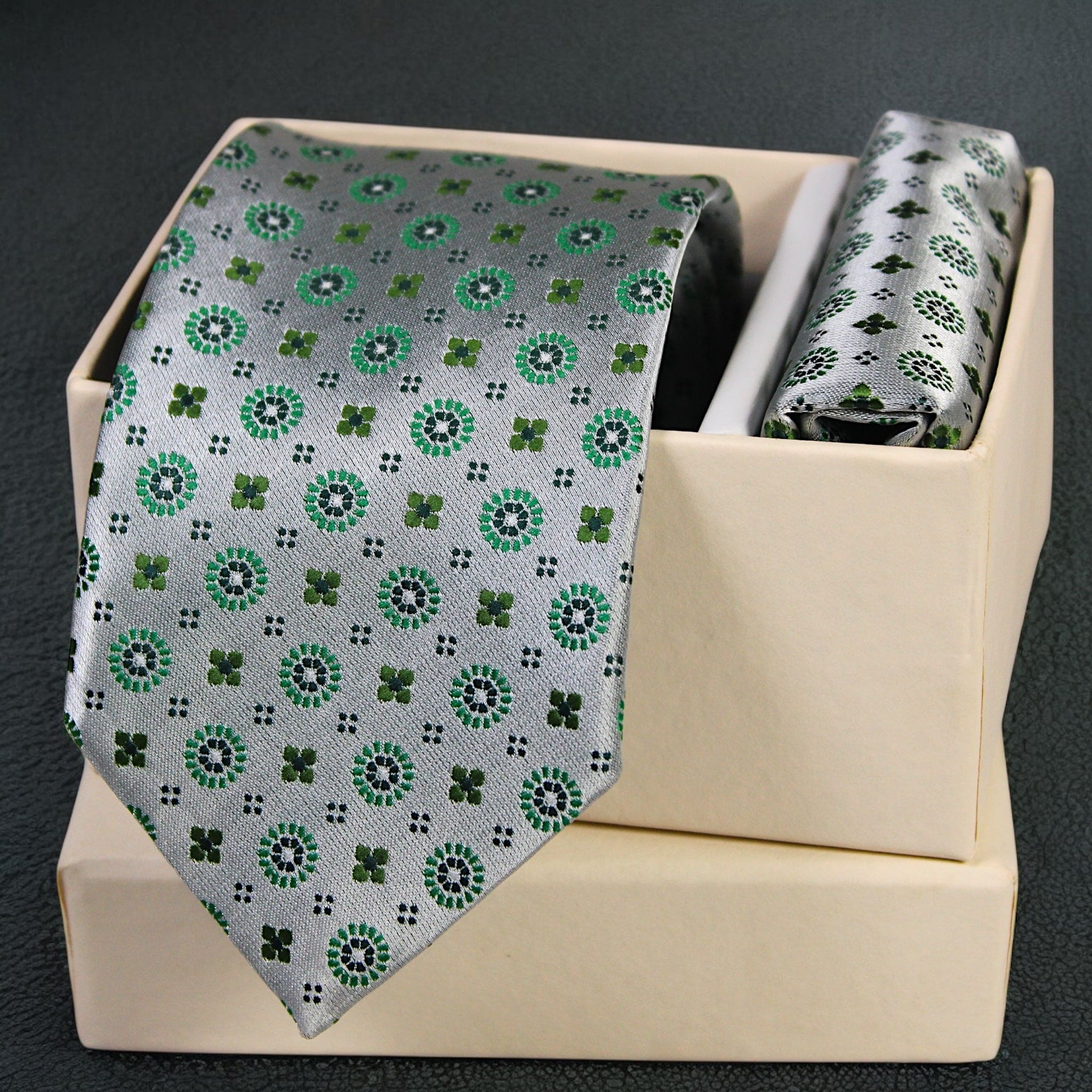 Silver & Green Geometric MicroSilk Necktie Set with Pocket Square