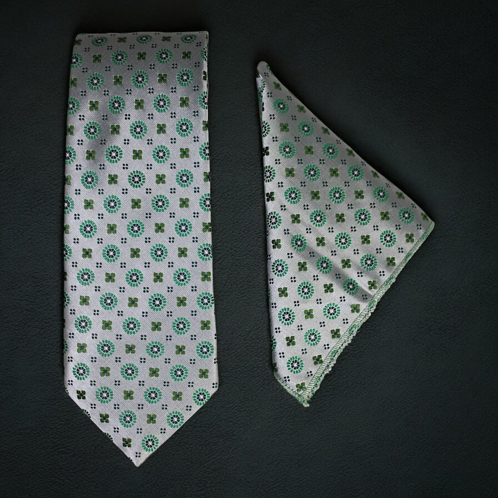 Silver & Green Geometric MicroSilk Necktie Set with Pocket Square