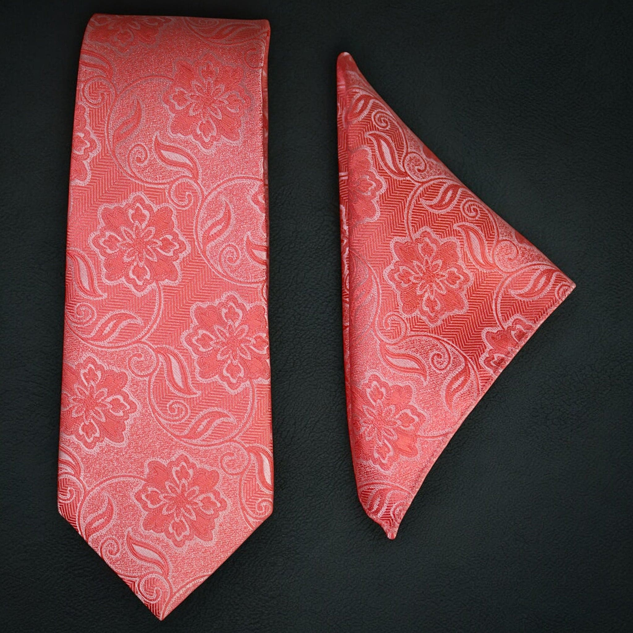 Coral Floral MicroSilk Necktie Set with Pocket Square