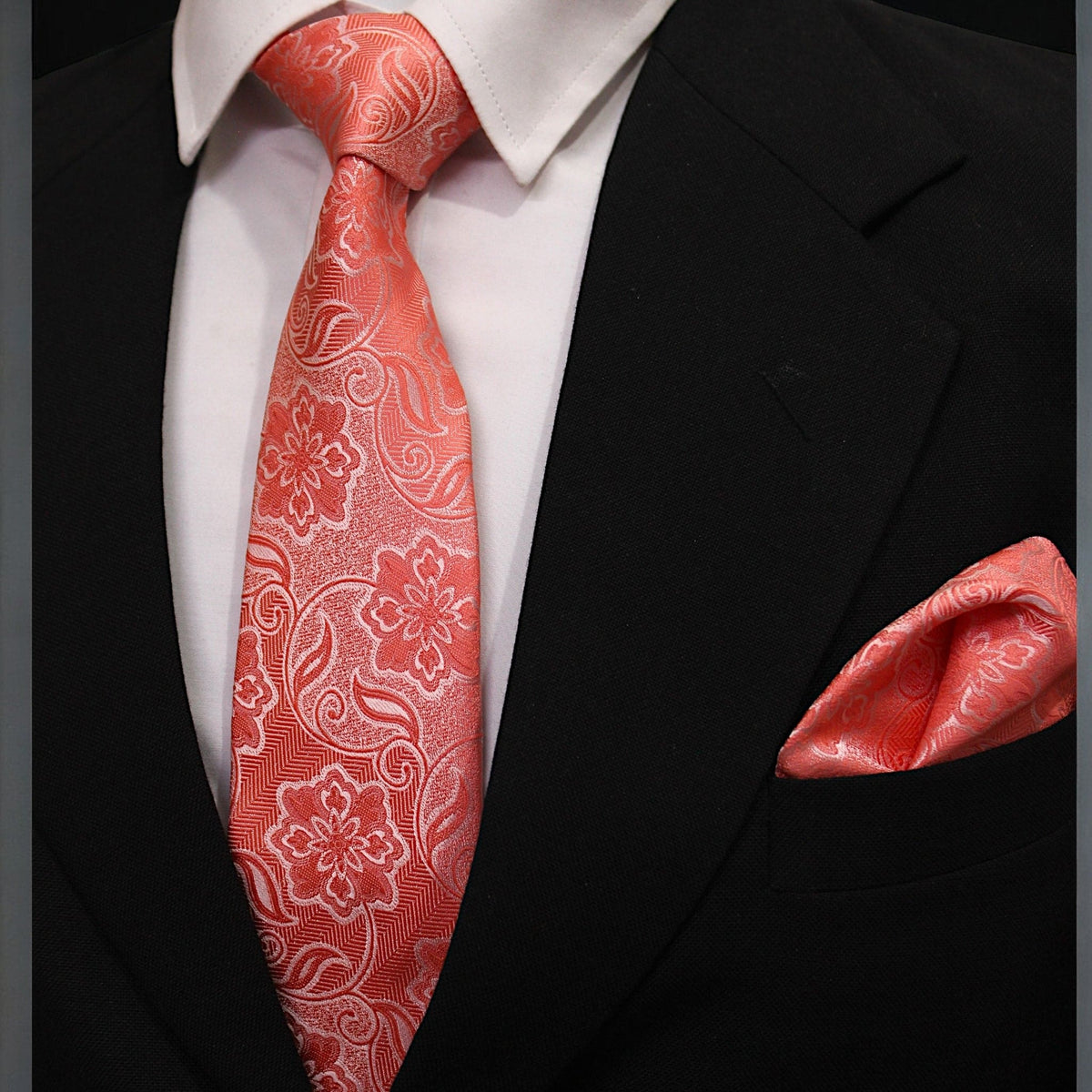 Coral Floral MicroSilk Necktie Set with Pocket Square
