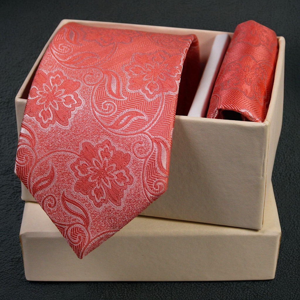 Coral Floral MicroSilk Necktie Set with Pocket Square