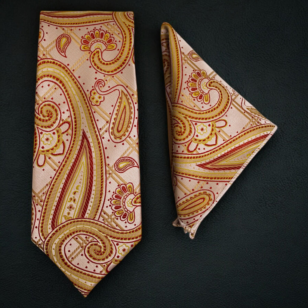 Blush Gold Paisley MicroSilk Necktie Set with Pocket Square