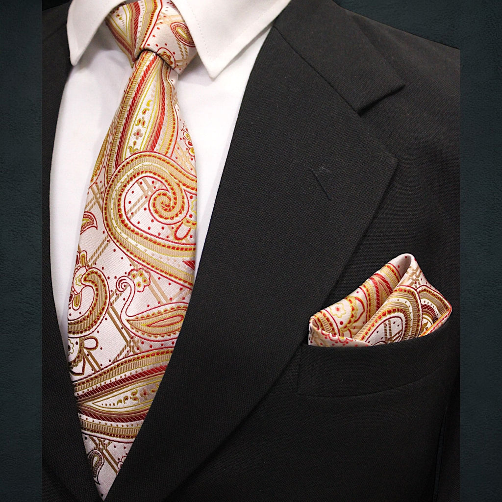 Blush Gold Paisley MicroSilk Necktie Set with Pocket Square