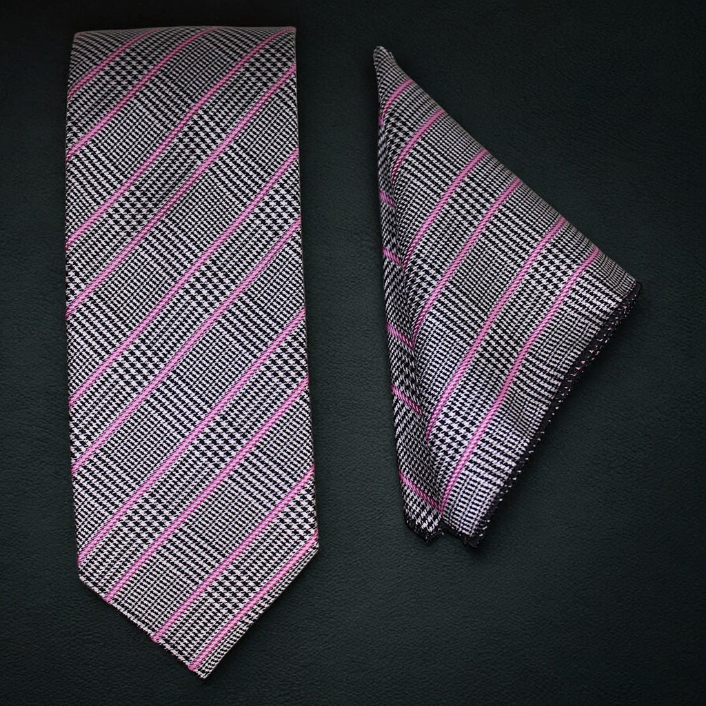 Black & Pink Plaid MicroSilk Necktie Set with Matching Pocket Square