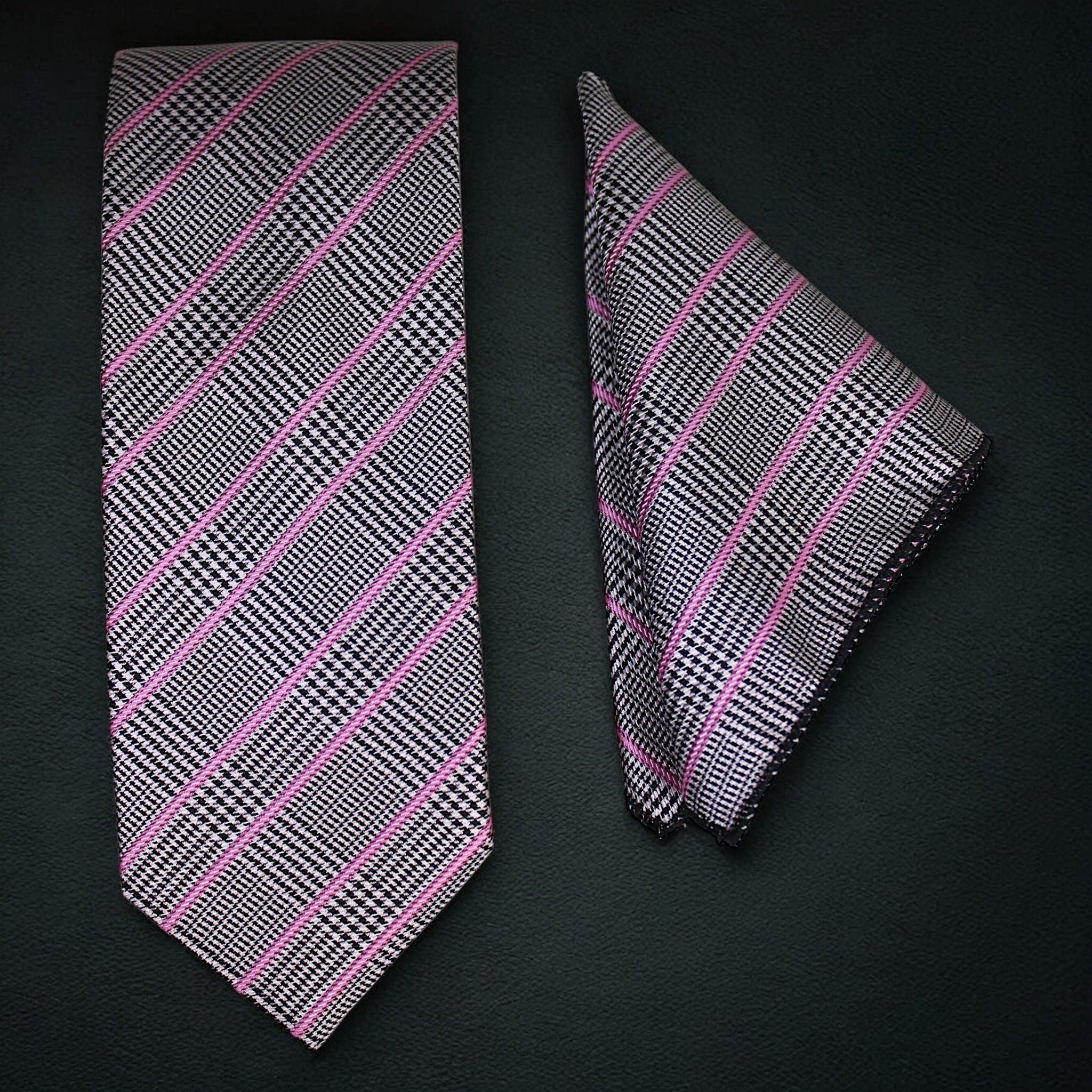 Black & Pink Plaid MicroSilk Necktie Set with Matching Pocket Square