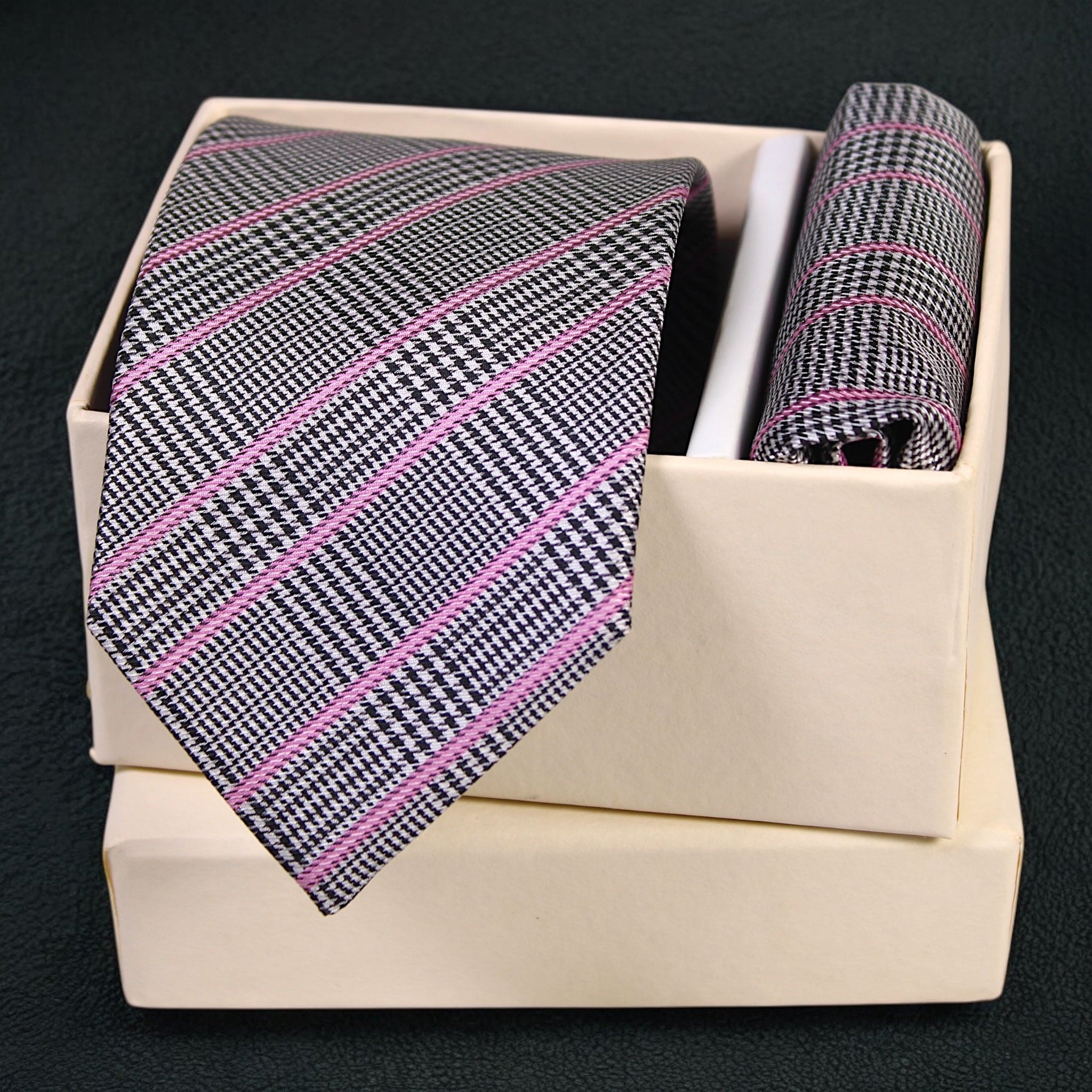Black & Pink Plaid MicroSilk Necktie Set with Matching Pocket Square