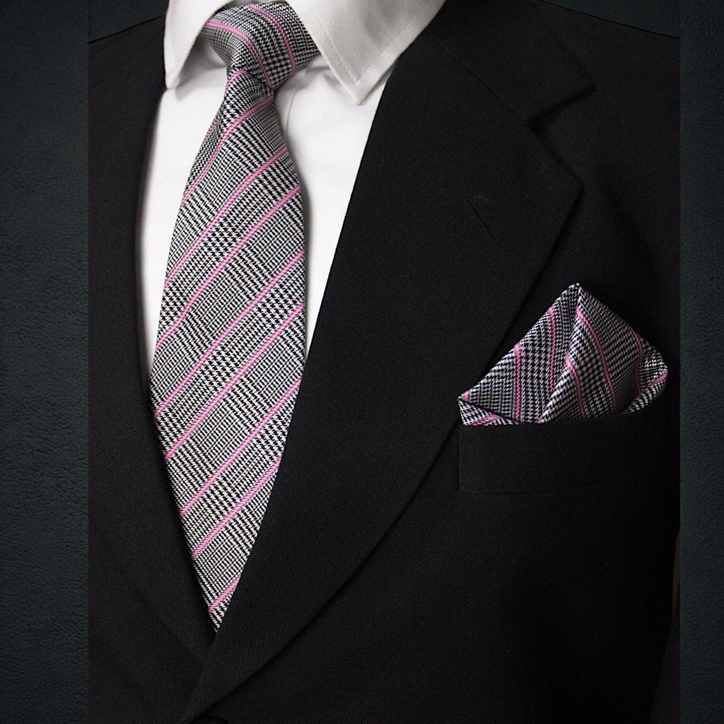 Black & Pink Plaid MicroSilk Necktie Set with Matching Pocket Square