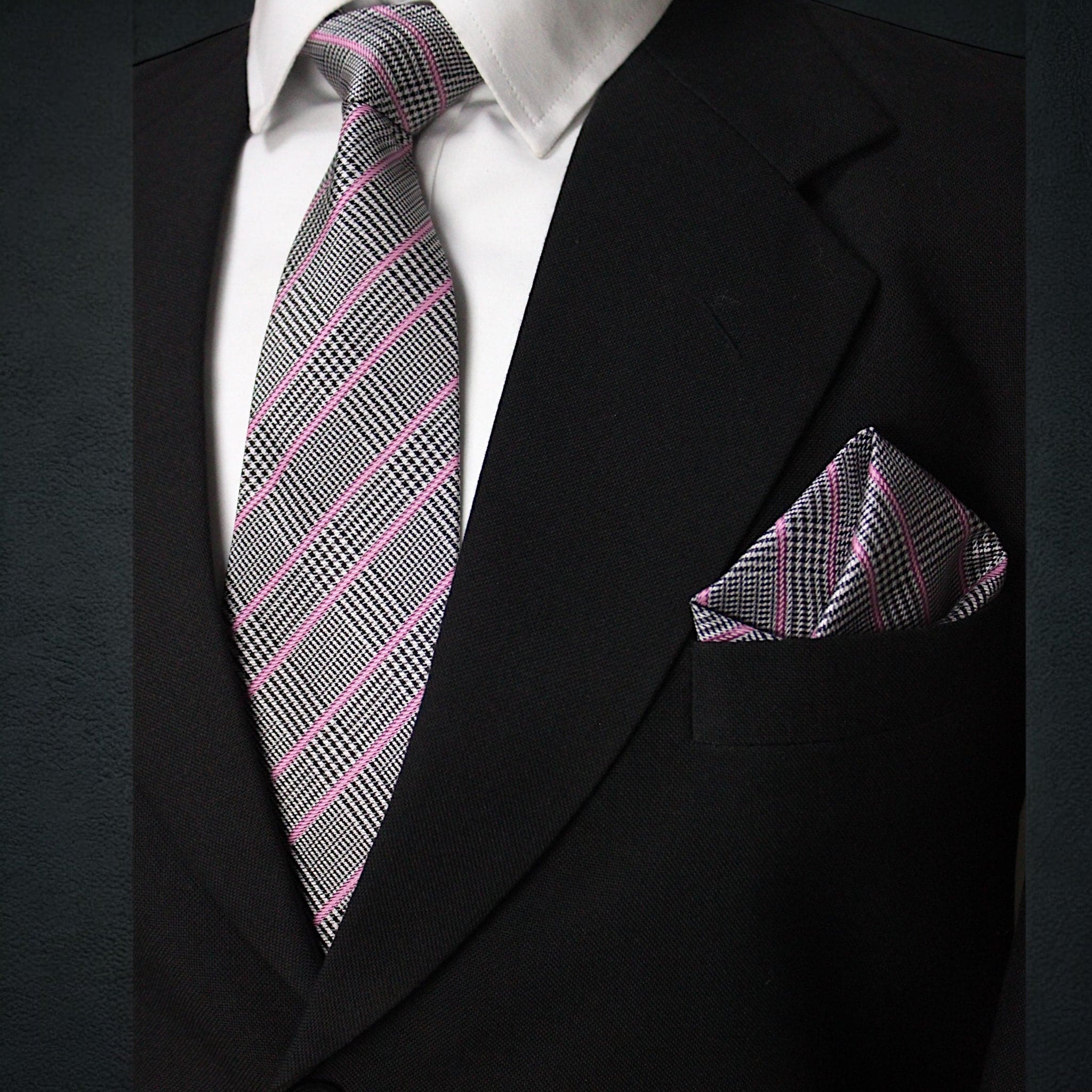 Black & Pink Plaid MicroSilk Necktie Set with Matching Pocket Square