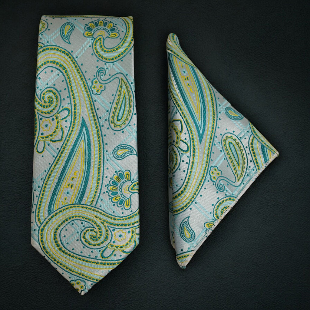 Silky Paisley Tie and Pocket Square Set in Aqua & Teal