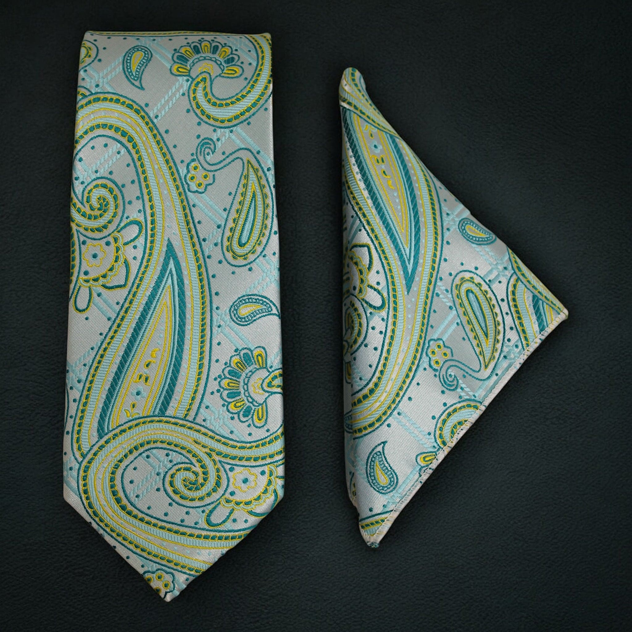 Silky Paisley Tie and Pocket Square Set in Aqua & Teal