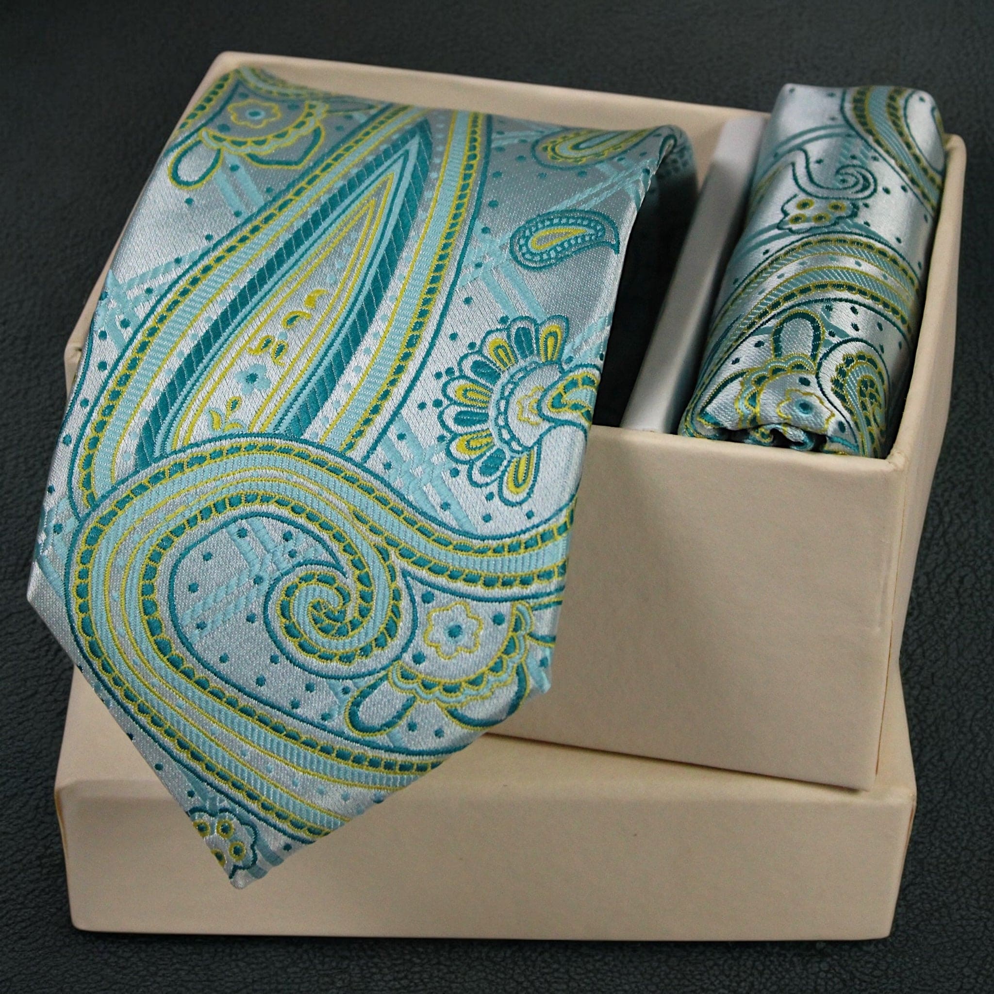 Silky Paisley Tie and Pocket Square Set in Aqua & Teal