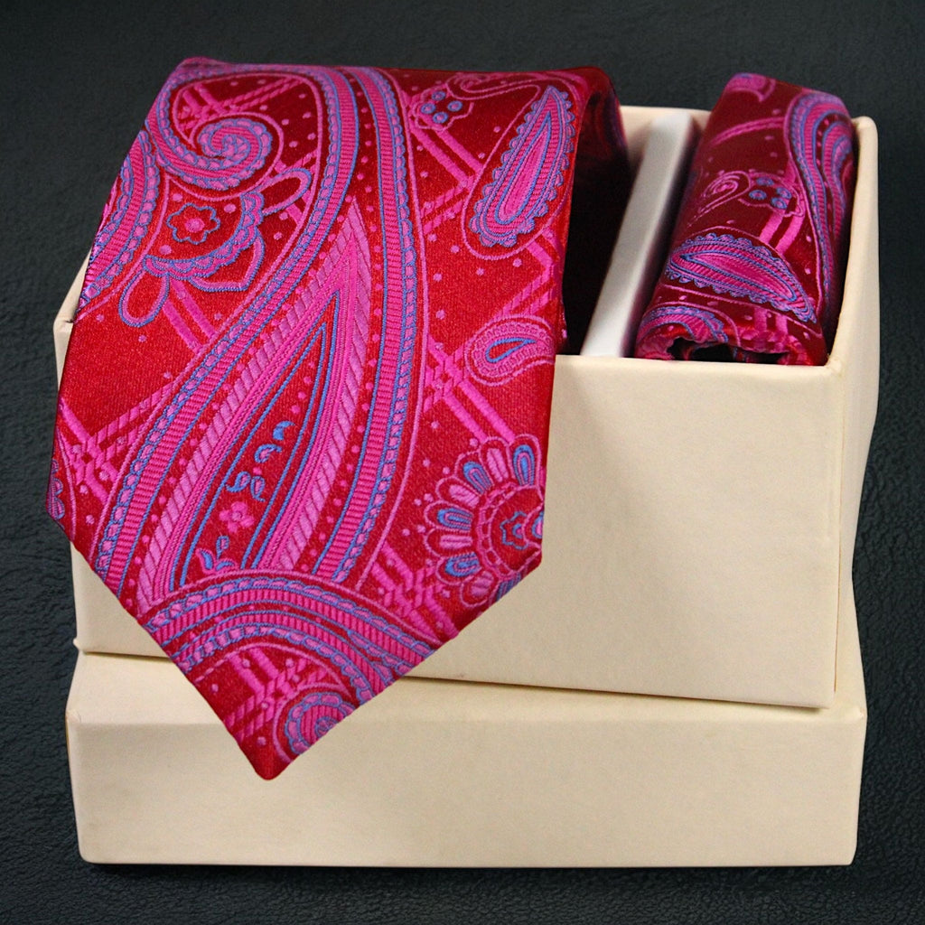 Microsilk Paisley Tie and Pocket Square Set in Ruby Red