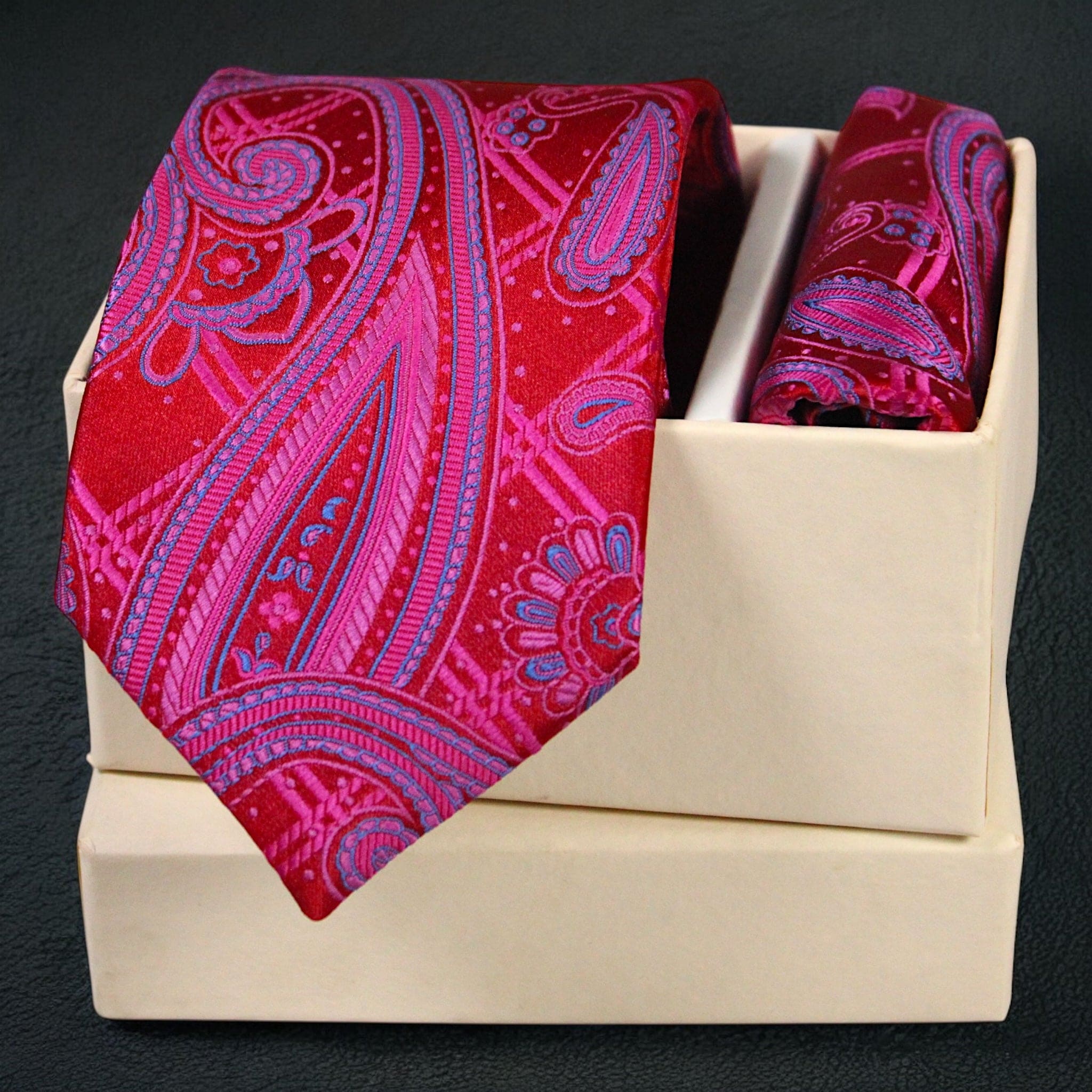 Microsilk Paisley Tie and Pocket Square Set in Ruby Red