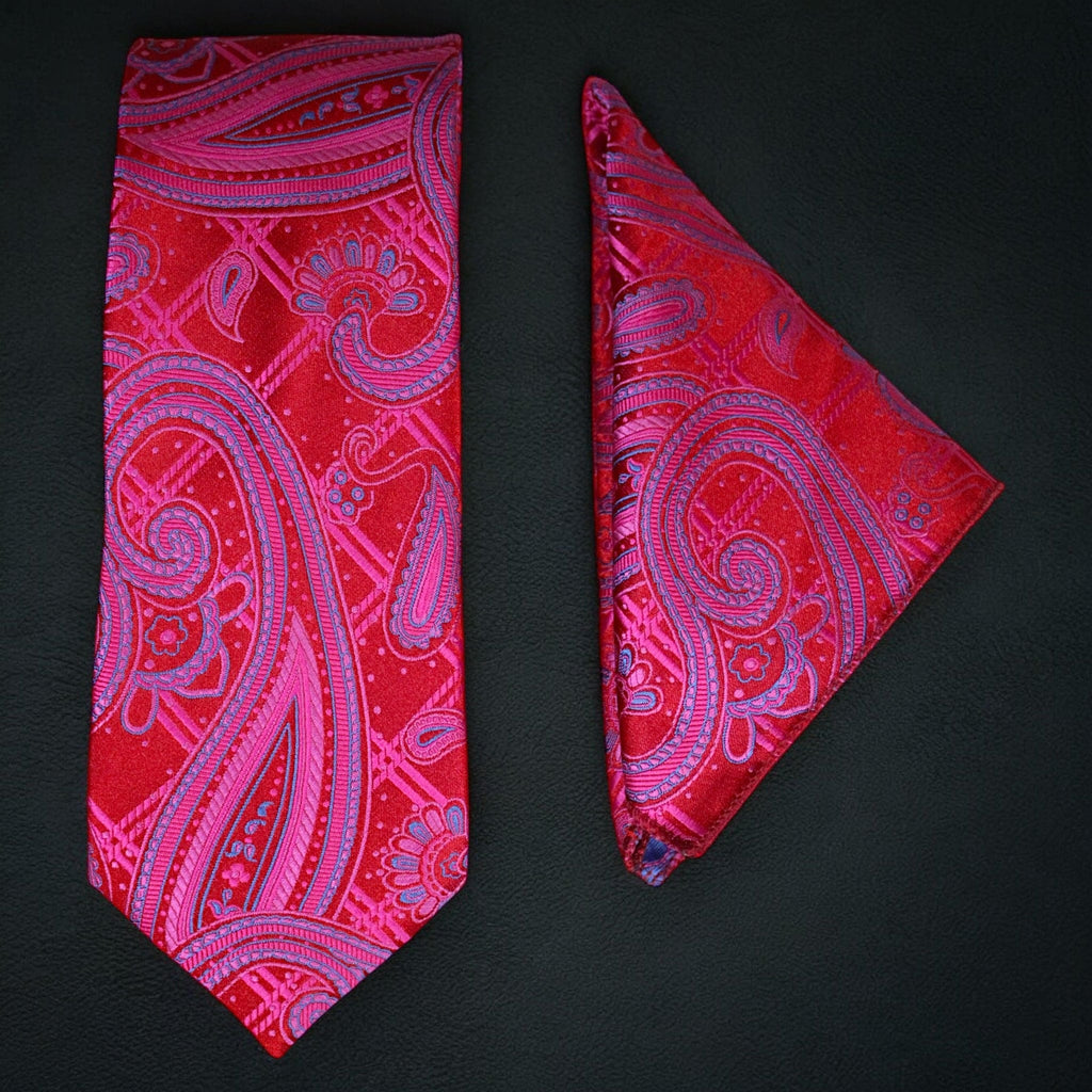 Microsilk Paisley Tie and Pocket Square Set in Ruby Red
