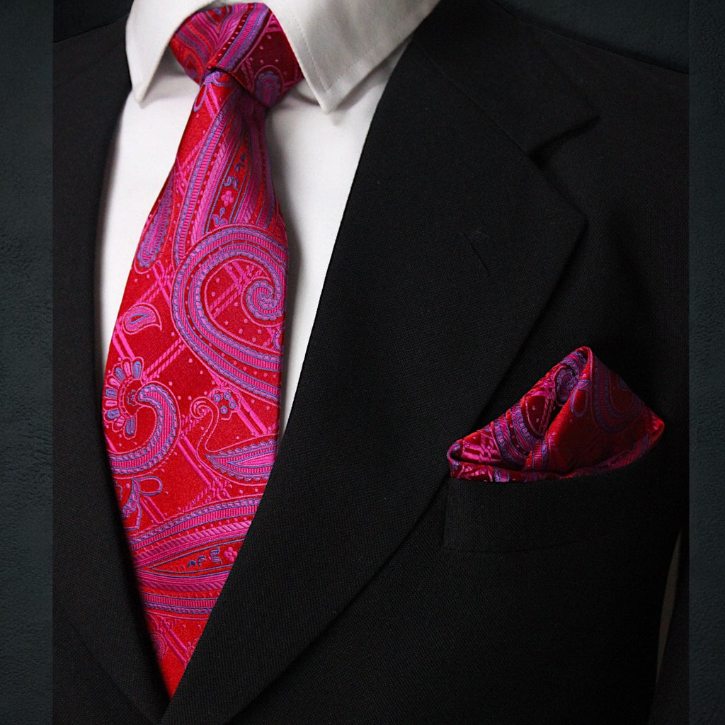 Microsilk Paisley Tie and Pocket Square Set in Ruby Red