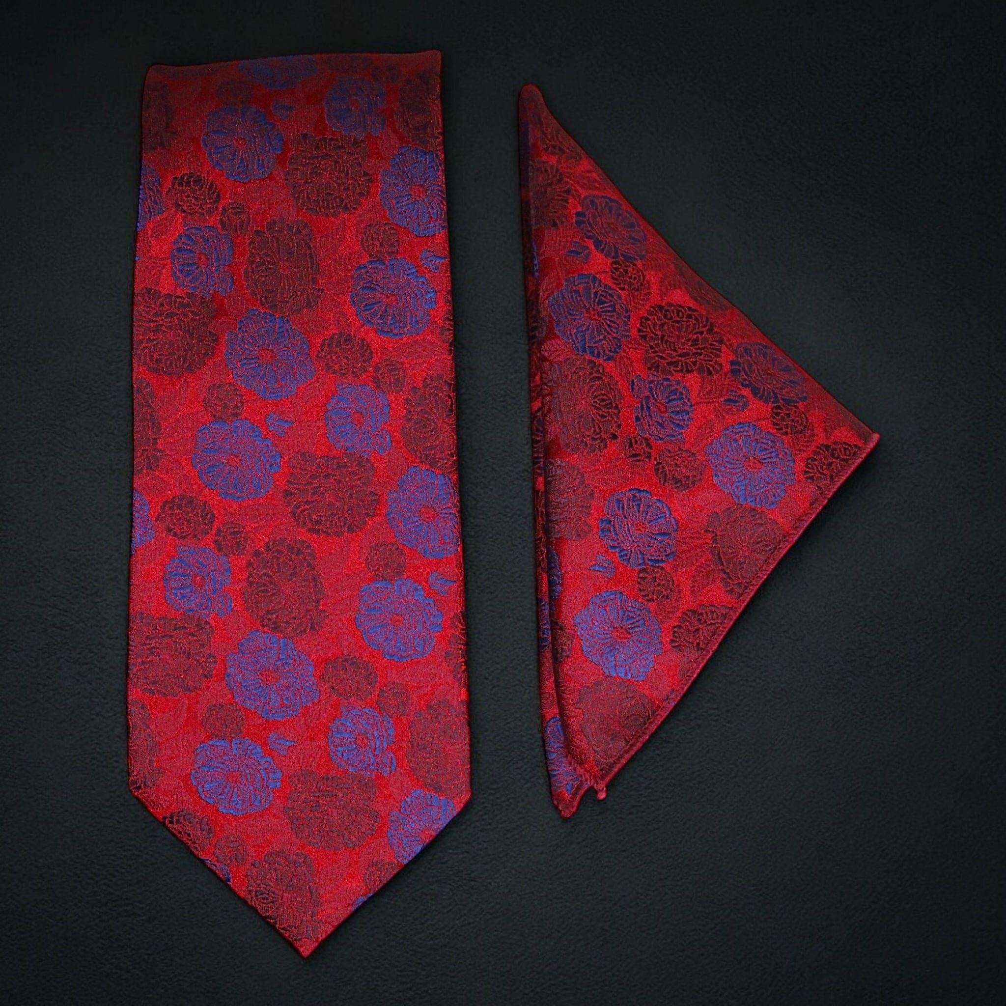 Red & Blue Floral MicroSilk Necktie Set with Matching Pocket Square