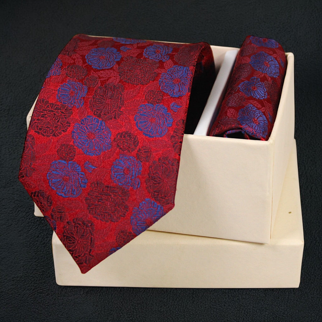 Red & Blue Floral MicroSilk Necktie Set with Matching Pocket Square