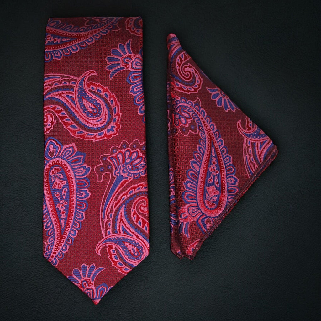 Red Paisley MicroSilk Necktie Set with Matching Pocket Square | Elegant Designer Tie by Tie Benon