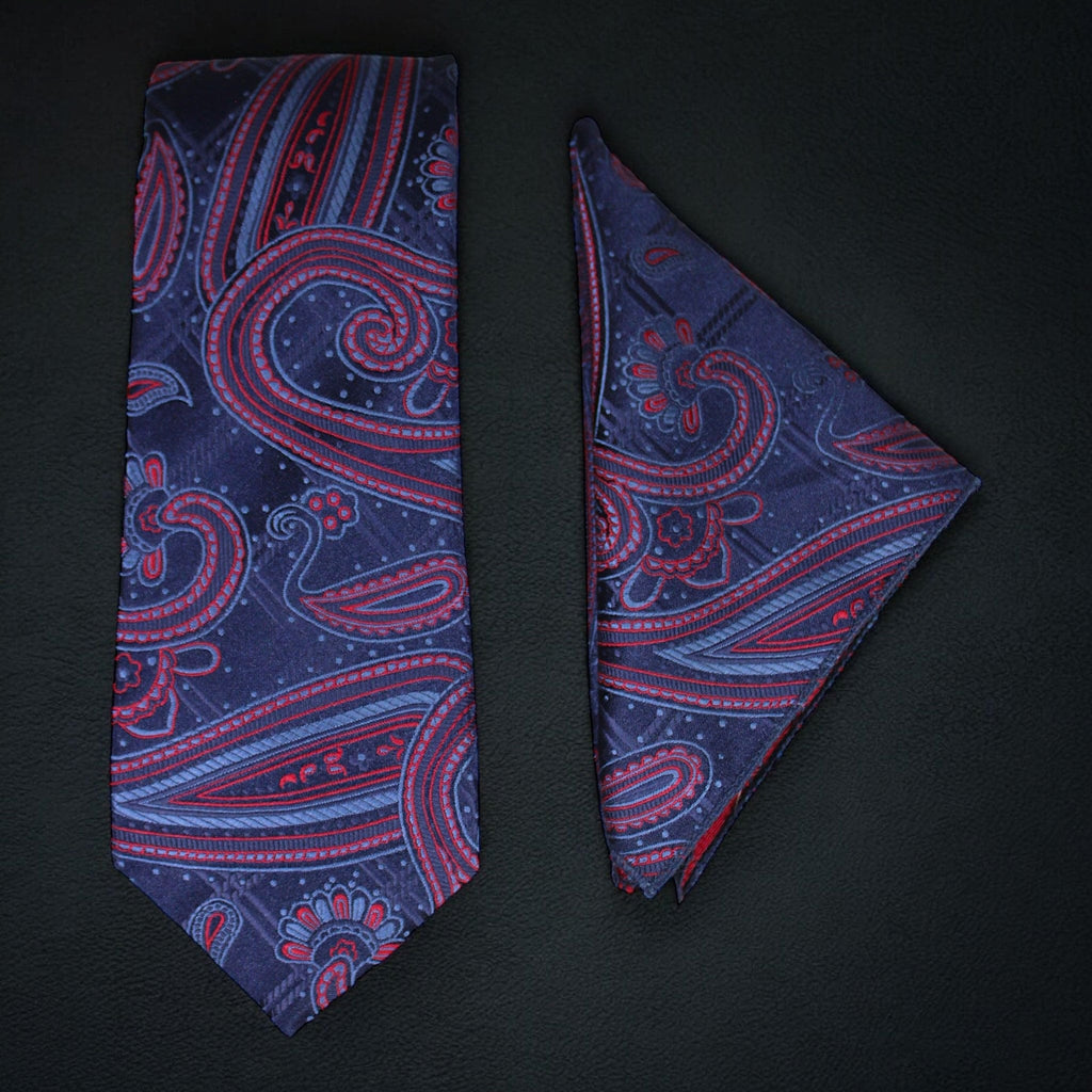 Navy Blue Paisley MicroSilk Necktie Set with Pocket Square | Premium Formal Tie by Tie Benon