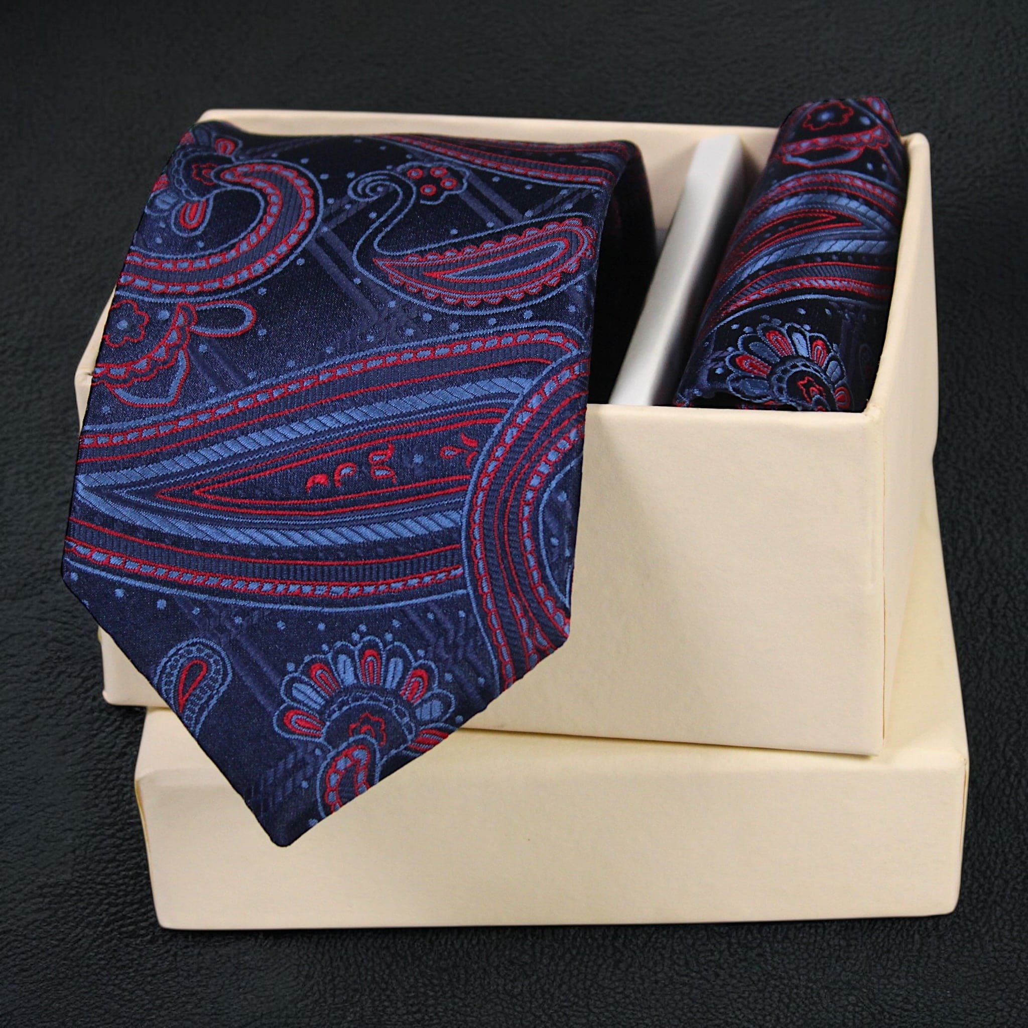 Navy Blue Paisley MicroSilk Necktie Set with Pocket Square | Premium Formal Tie by Tie Benon