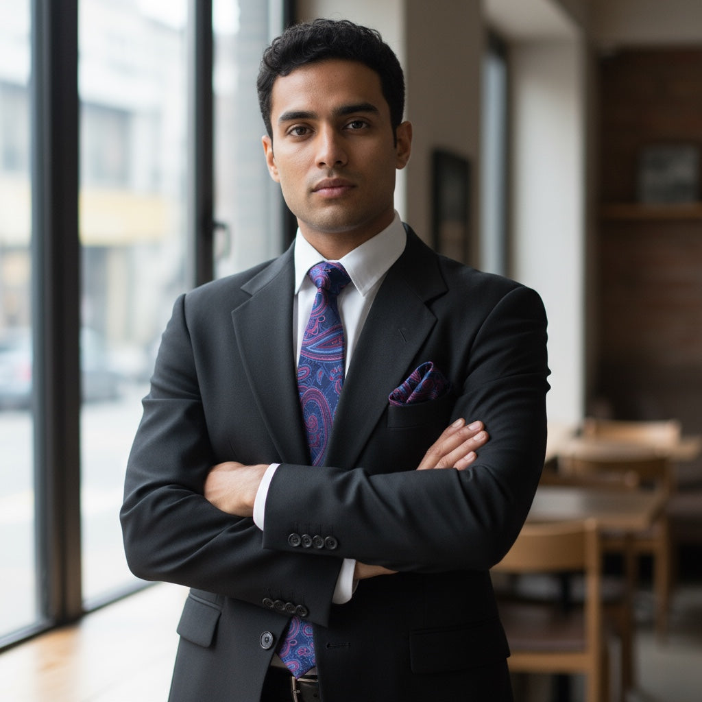 Navy Blue Paisley MicroSilk Necktie Set with Pocket Square | Premium Formal Tie by Tie Benon