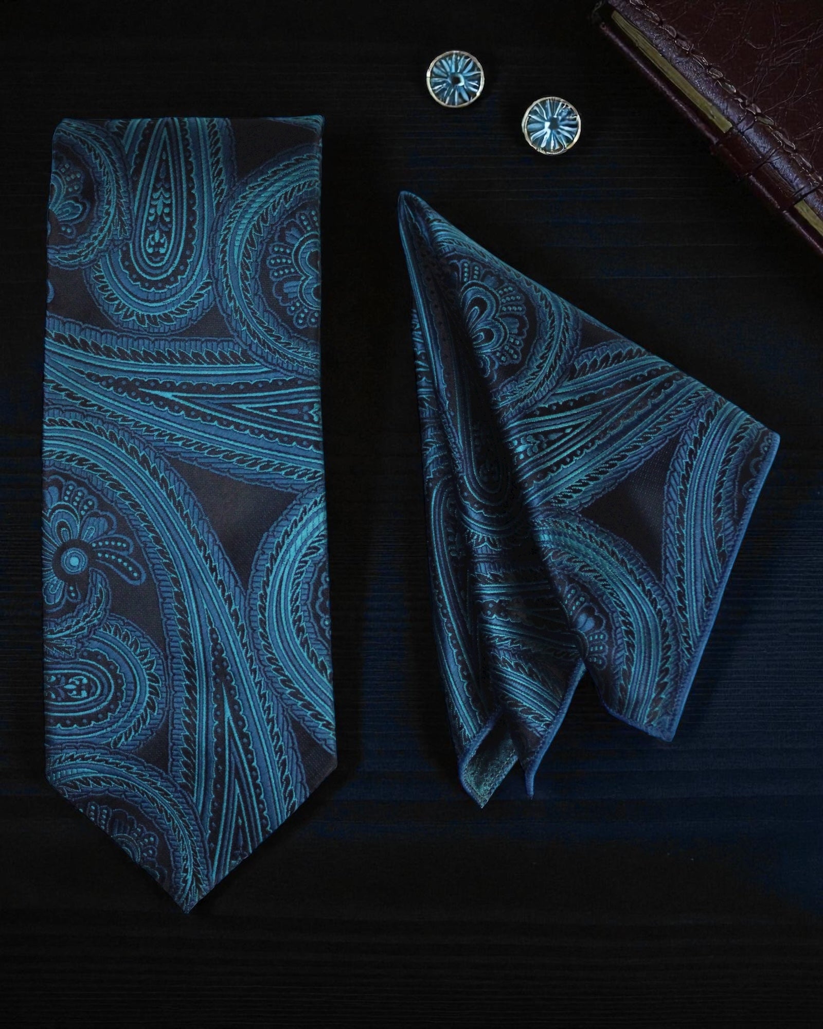 Teal Paisley MicroSilk Necktie Set with Pocket Square